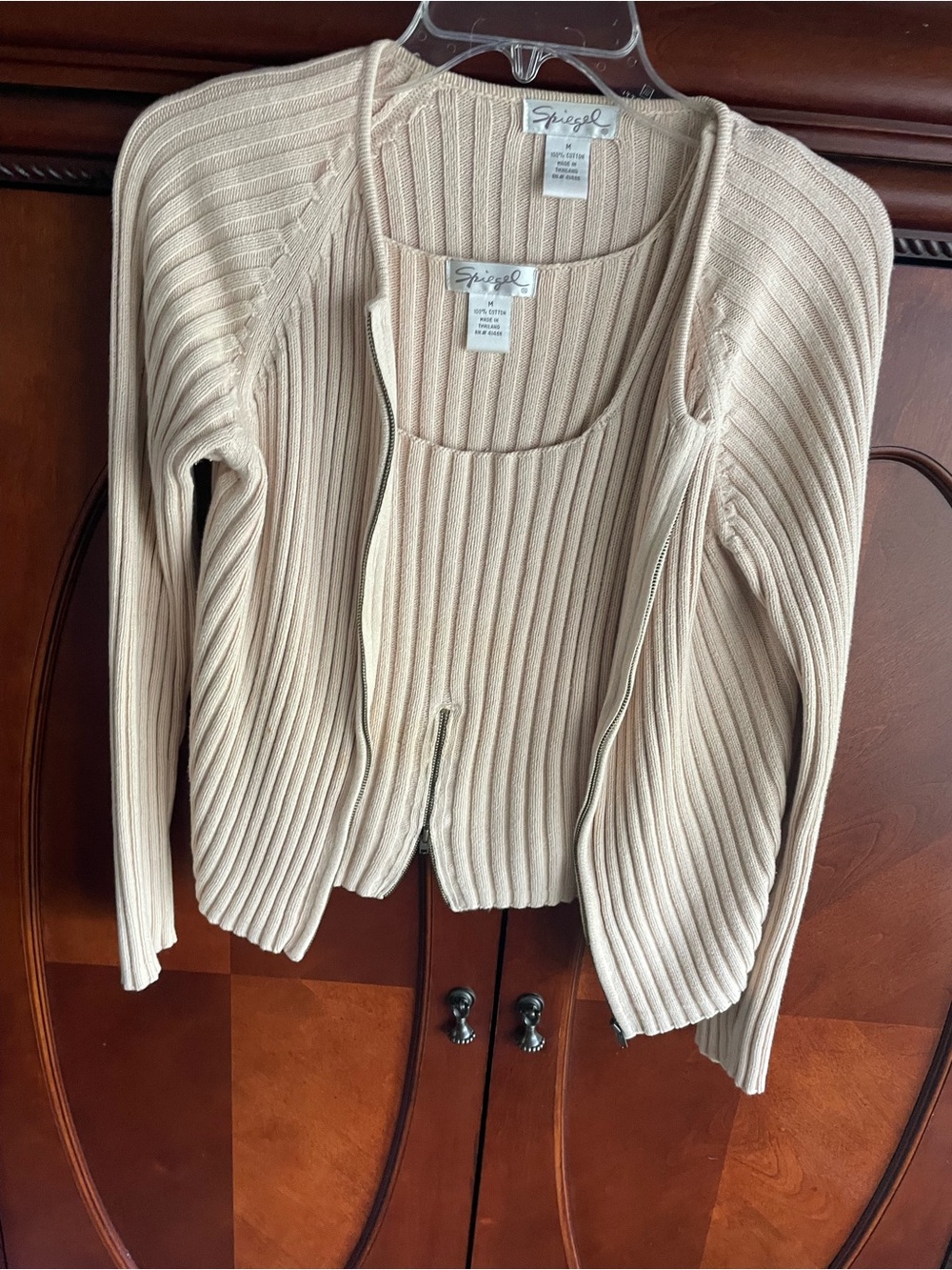 Vintage Spiegel Cream cropped Ribbed Zip Cardigan and Tank Duo